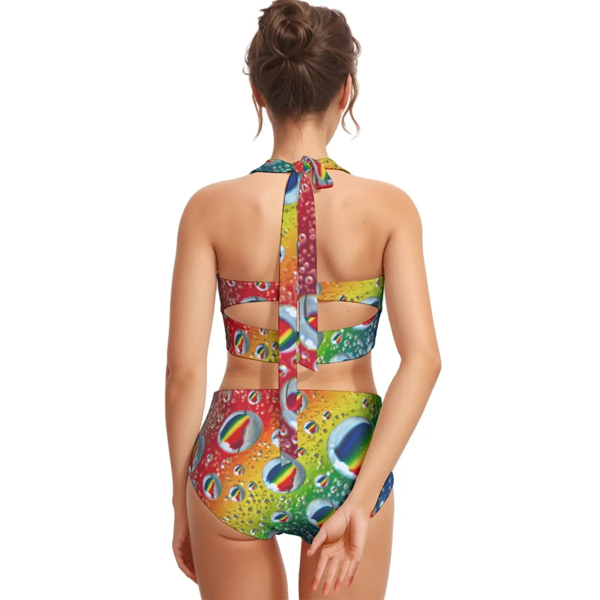 Multi Colour Print Swimsuit Set With Halter Neck