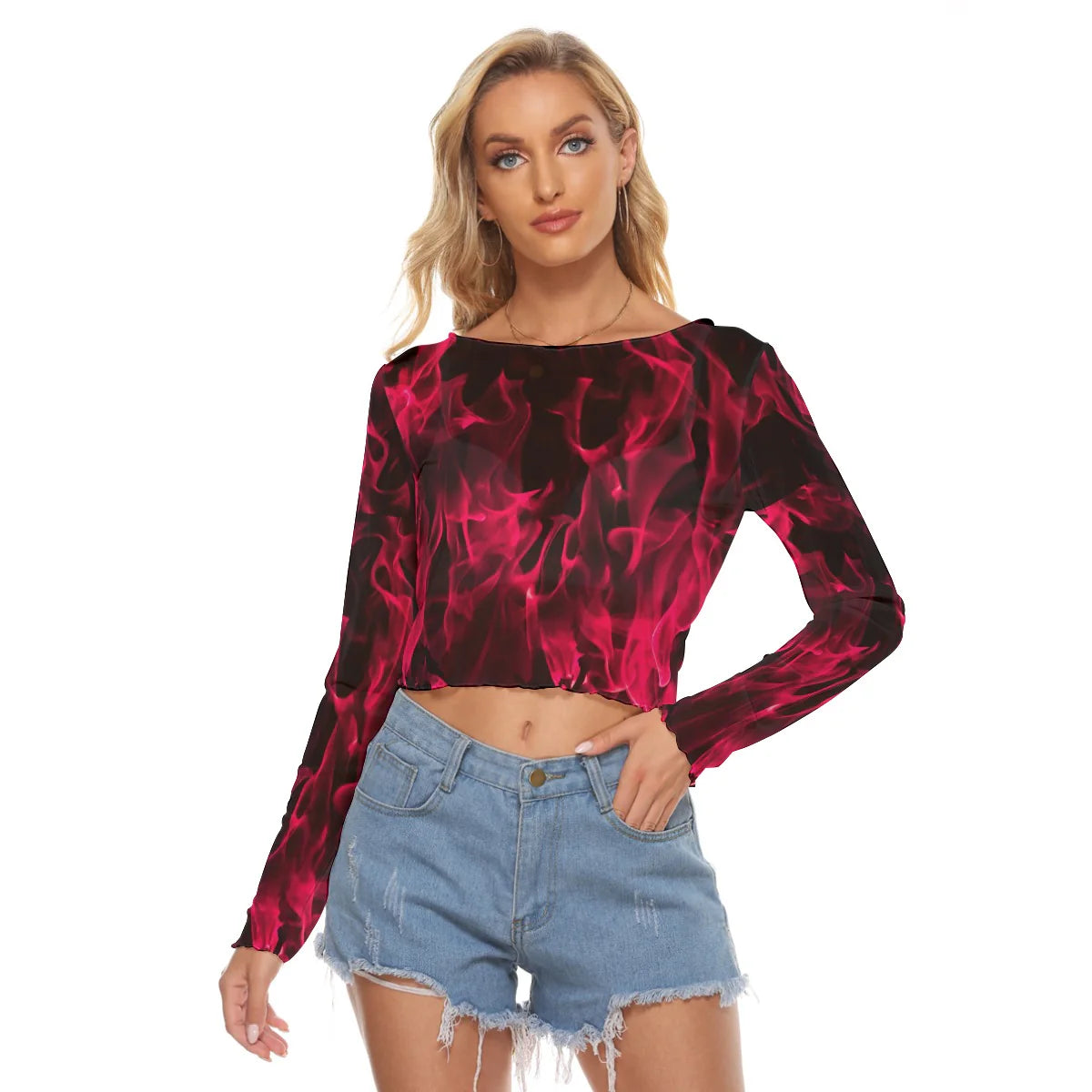 Pink Flame Print Mesh Long Sleeves Top