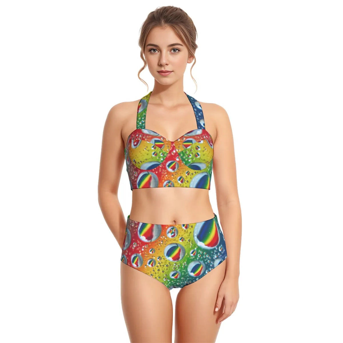 Multi Colour Print Swimsuit Set With Halter Neck