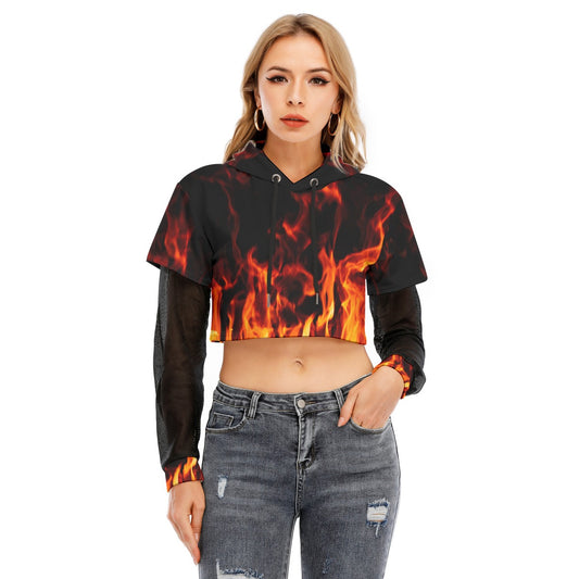 Flame Print Fishnet Sleeve Cropped Hoodie