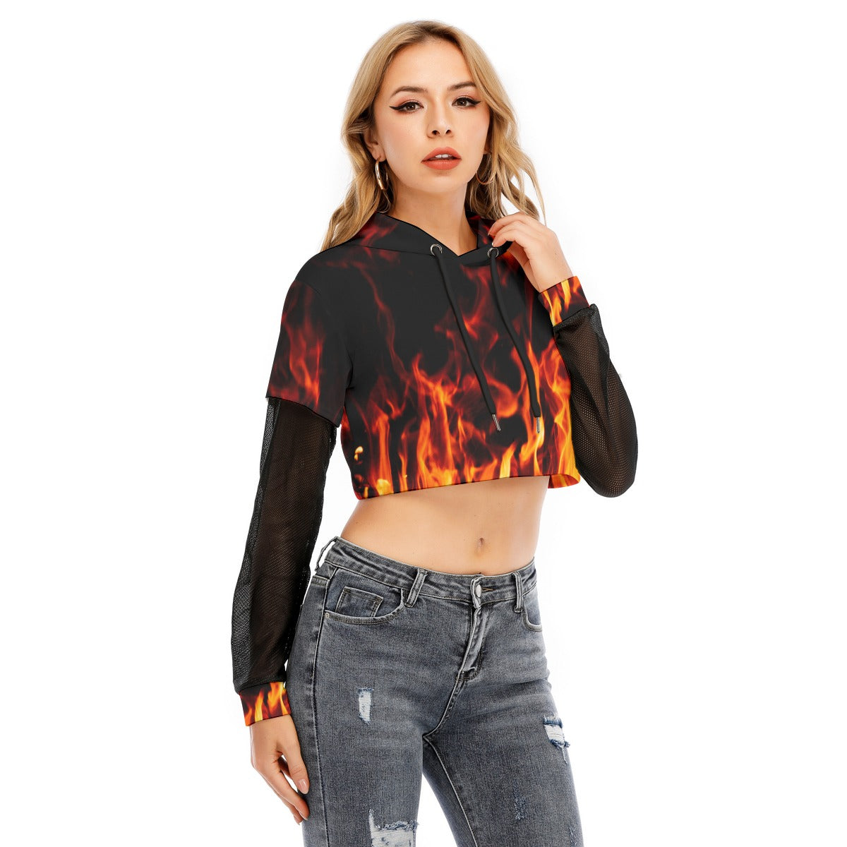 Flame Print Fishnet Sleeve Cropped Hoodie