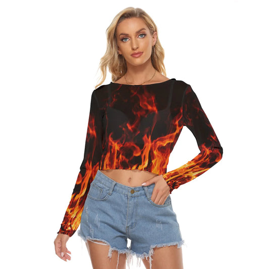 Orange Flame Print Mesh Long Sleeve Top