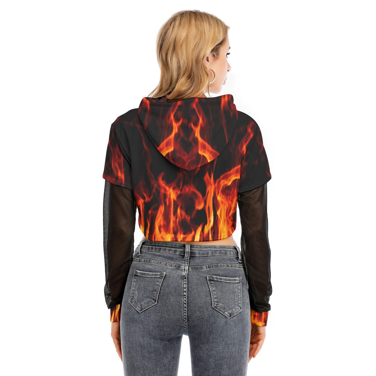 Flame Print Fishnet Sleeve Cropped Hoodie