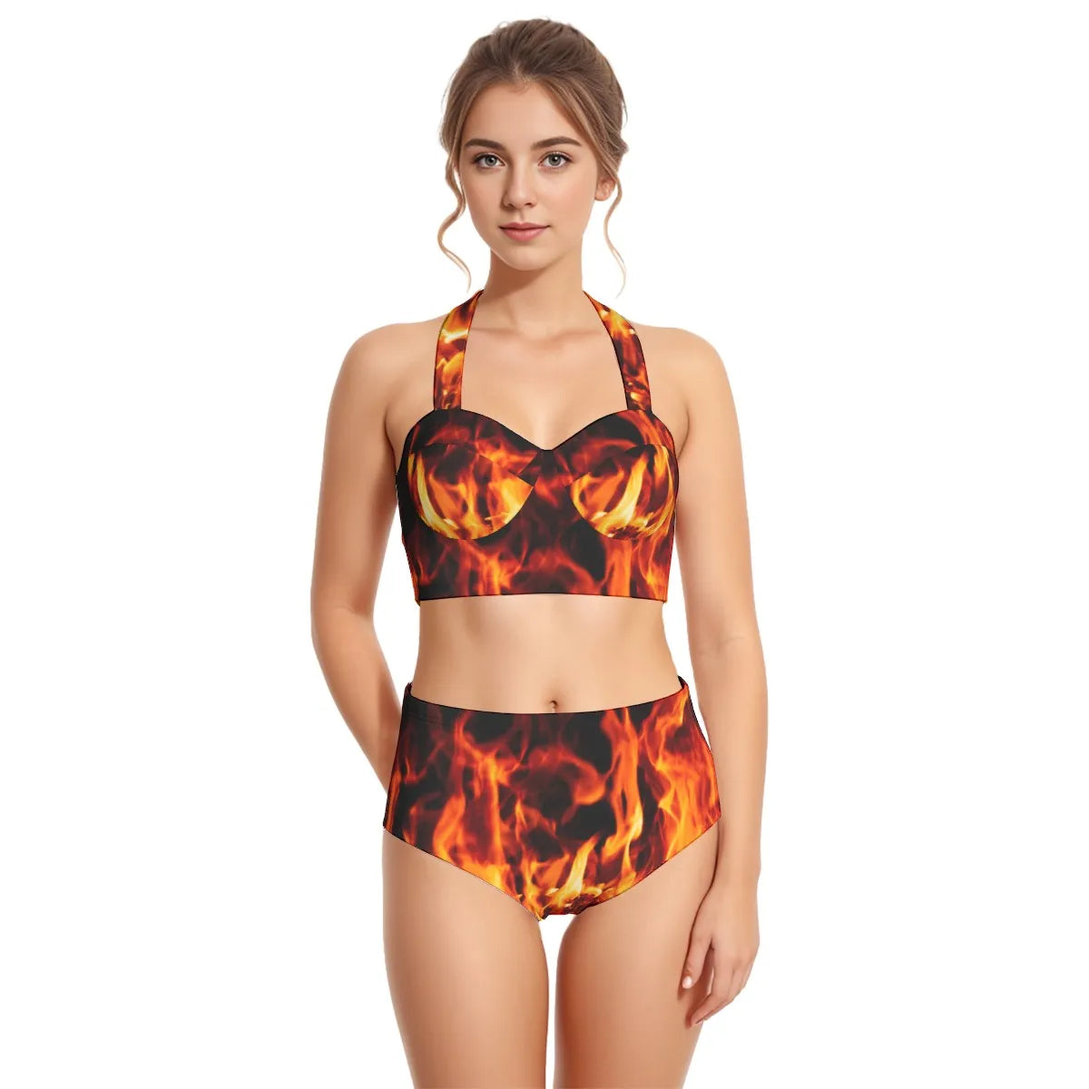 Flame Print Swimsuit Set With Halter Neck