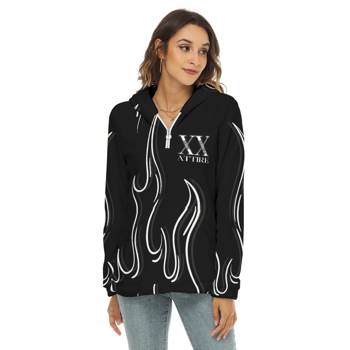 White Flame Fleece Hoodie with Mid Zip