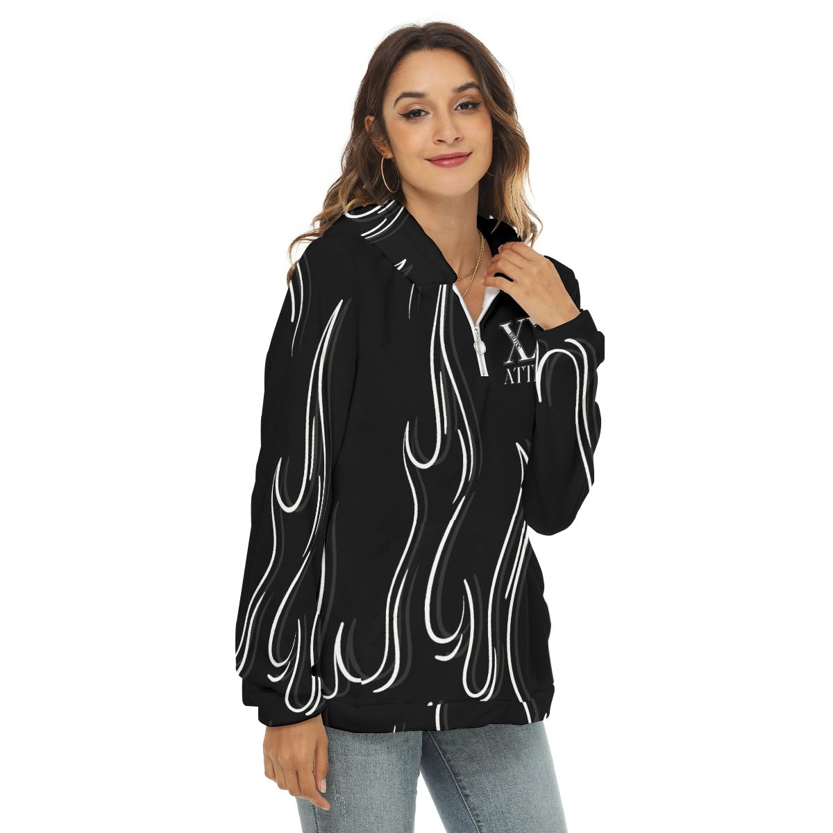 White Flame Fleece Hoodie with Mid Zip