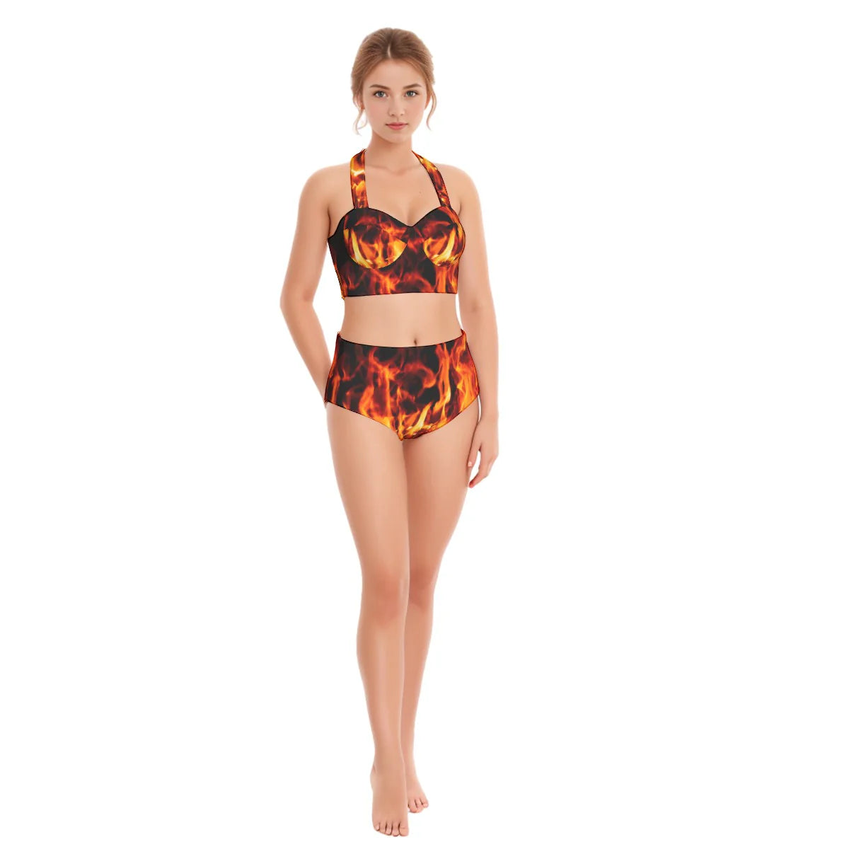Flame Print Swimsuit Set With Halter Neck